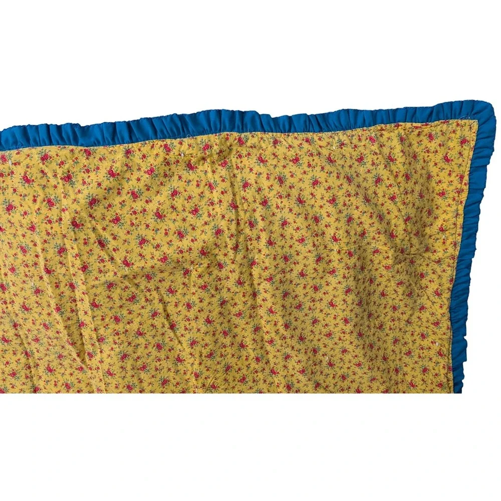 Vintage Retro Handmade Tied Quilt Yellow Floral Red Blue Ruffle Lace Trim Throw